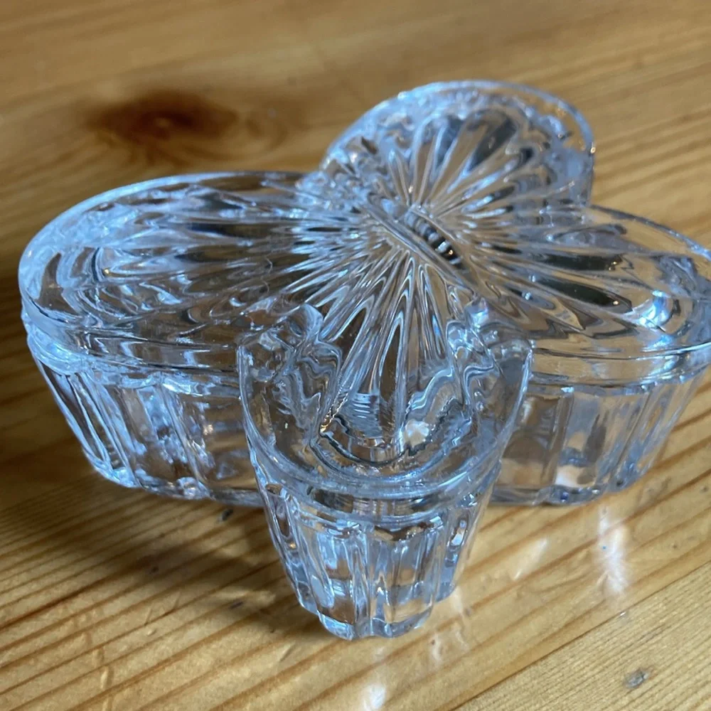 Vintage Lead Crystal Butterfly Jewelry Box, glass trinket holder ring box gift